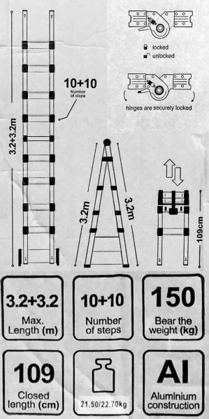 Лестница-стремянка телескопическая алюм. бытовая 3.2+3.2м (10+10 ступ.)