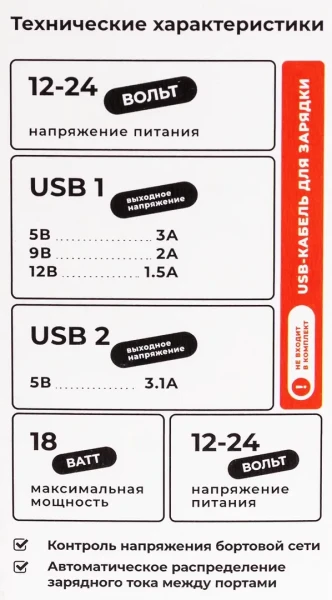 Автомобильное зарядное устройство FY-205 (12V-24V, USB 2:5V-Max 3.1A, QC3.0: 5V/3A,9V/2A,12V/1.5A)