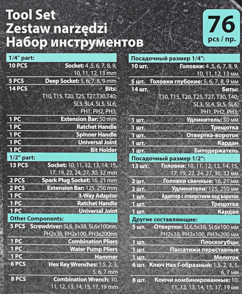 Набор инструментов PROFI 76пр. 1/4'',1/2''(6гр)(4-32мм)