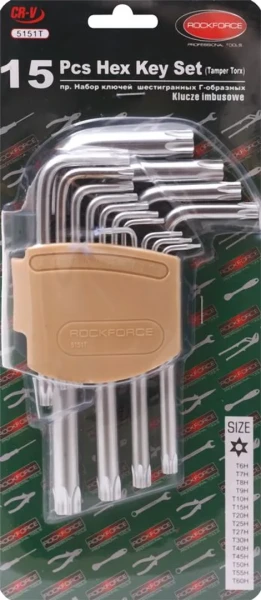Набор ключей TORX Г-образных с отверстием,15пр.(Т6Н,T7H,T8H,T9H,Т10Н,Т15Н,Т20Н,Т25Н,Т27Н, Т30Н,Т40Н,Т45Н,Т50Н,Т55Н,Т60Н)в пластиковом держателе