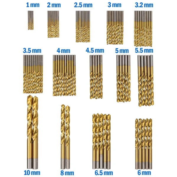 Набор сверл по металлу,100пр.(1,2,2.5,3,3.2,3.5,4-по 10шт,4.5,5,5.5,6,6.5-по 5шт,8,10-по 2шт)в кейсе