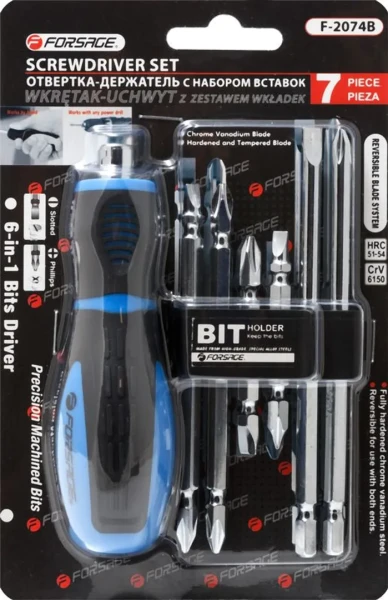 Отвертка-держатель переставная с комплектом бит(L65ммPH1-5mm, PH2-6mm,L110ммPH1-5mm,PH2-PH2mm,L127,PH2,6mm)7пр.на блистере