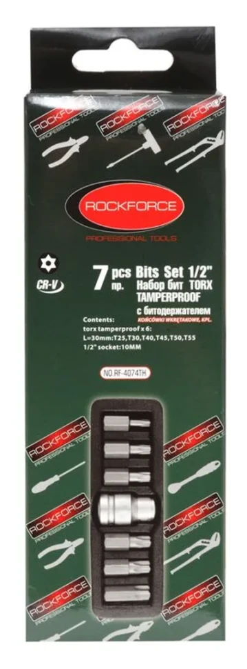 Набор бит TORX с отверстием и битодержателем,7пр.1/2''(L:30мм,Т25,Т30,Т40,Т45,Т50,Т55), в ложементе