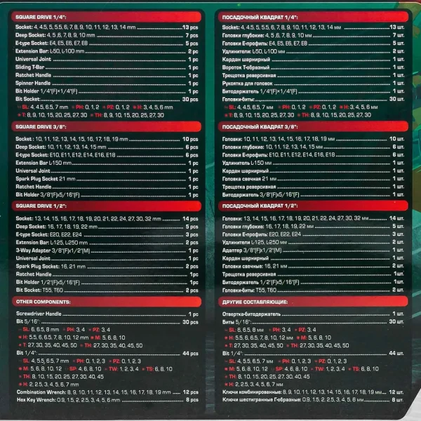 Набор инструментов 216пр. 1/4'', 3/8'', 1/2''(6гр.)