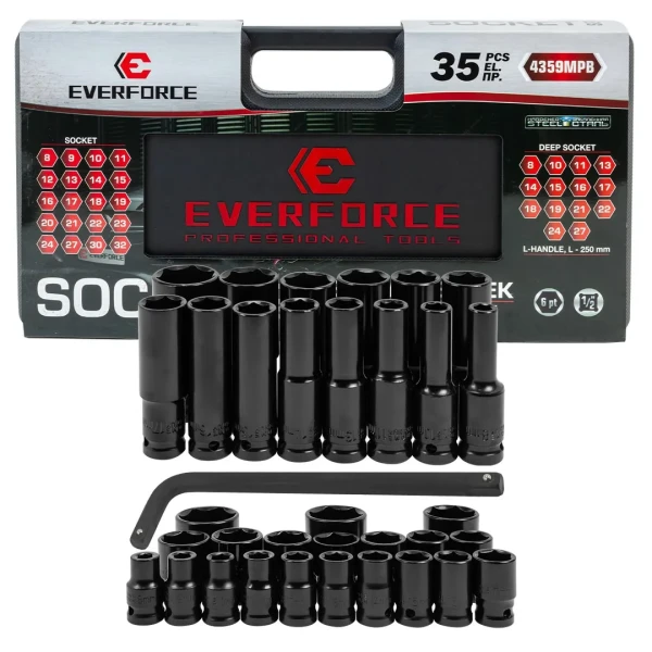 Набор головок ударных+вороток 35 пр. (короткие 38мм: 8-23, 24, 27, 30, 32мм, глубокие 78мм: 8,10,11, 13-19, 21, 22, 24, 27мм) в пласт.кейсе