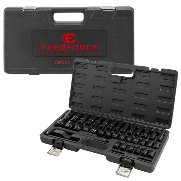 Набор головок ударных+вороток 35 пр. (короткие 38мм: 8-23, 24, 27, 30, 32мм, глубокие 78мм: 8,10,11, 13-19, 21, 22, 24, 27мм) в пласт.кейсе