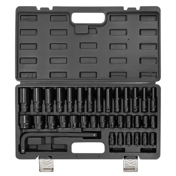 Набор головок ударных+вороток 35 пр. (короткие 38мм: 8-23, 24, 27, 30, 32мм, глубокие 78мм: 8,10,11, 13-19, 21, 22, 24, 27мм) в пласт.кейсе