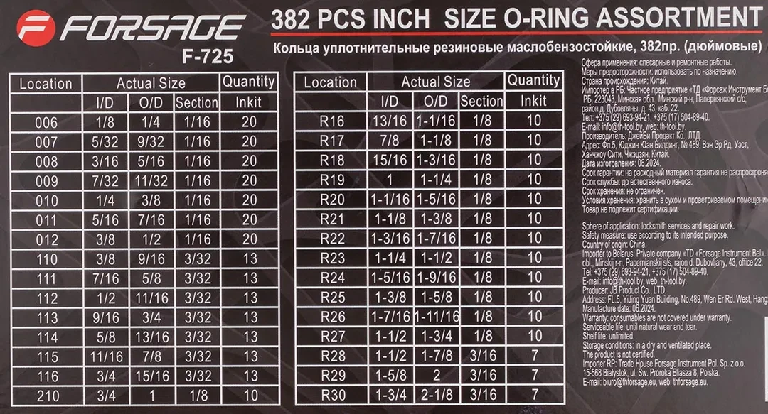Кольца уплотнительные резиновые маслобензостойкие, 382пр. (дюймовые)