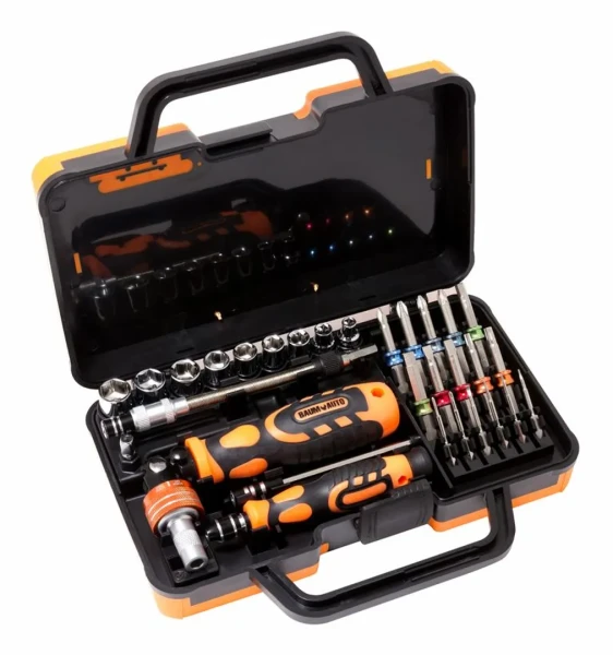 Отвертка реверсивная поворотная с гибким удлинителем,рукояткой-битодержателем, комплектом бит и головок 31пр.(5-13мм, PH,PZ,SL,H,TH)в кейсе