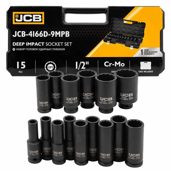 Набор головок ударных глубоких 15пр.,1/2''12гр.(10,12-17,19,21,22,24,27,30,32,36мм), в пласт.кейсе