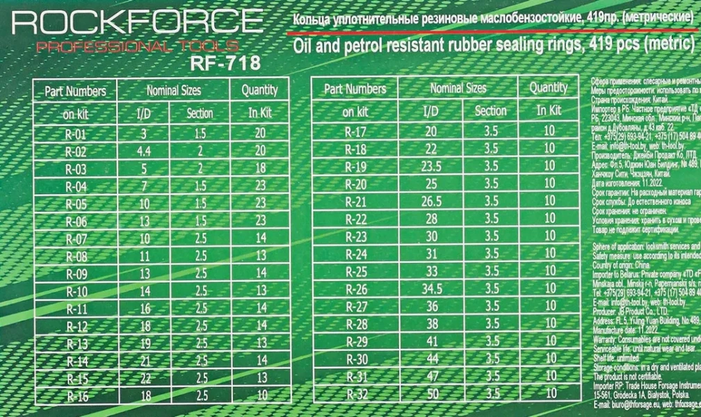 Кольца уплотнительные резиновые маслобензостойкие, 419пр. (метрические)