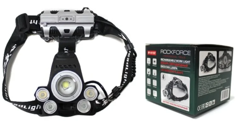 Фонарь светодиодный аккумуляторный налобный(5W LED,500Lm,2000mAh,зарядка12V,время раб.4ч,время заряд.5ч,защита гнезда зарядки,синий/белый/желтый свет)
