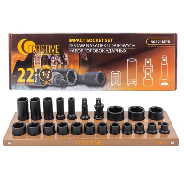Набор головок ударных 22пр.1/2''(6-гр.)(10,12-19,21,22,24,27,30,32мм,глубокие-10,13,17,19,21мм,удлинитель 75мм,кардан),в кейсе
