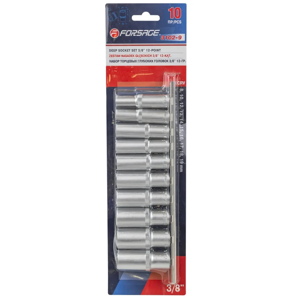 Набор головок глубоких 10пр. 3/8''(12гр.)(8,10,12-19мм.) на планке