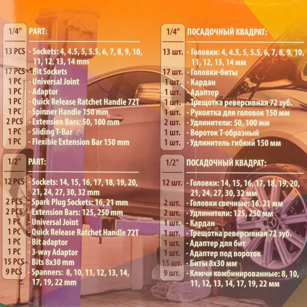 Набор инструментов 82пр.1/4'',1/2''(6гр.)(4-32мм)
