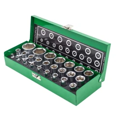 Набор головок 1/4'', 1/2'', 25пр. (6гр.)(1/2'': 10,11,12,13,14,15,16,17,18,19,21,22,24,27,30,32мм. 1/4'': 4,5, 6,7,8,9,10,12,13мм.)в метал.кейсе
