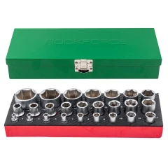 Набор головок 1/4'', 1/2'', 25пр. (6гр.)(1/2'': 10,11,12,13,14,15,16,17,18,19,21,22,24,27,30,32мм. 1/4'': 4,5, 6,7,8,9,10,12,13мм.)в метал.кейсе
