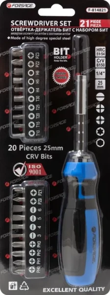 Отвертка-битодержатель телескопическая с набором бит, 21прCrV6150(PH:0,1,2,3,PZ:0,1,2,3,SL:3,4,5,6мм,T:10,15,20,25,30,Н:4,5,6мм,L:160-220мм)в блистере