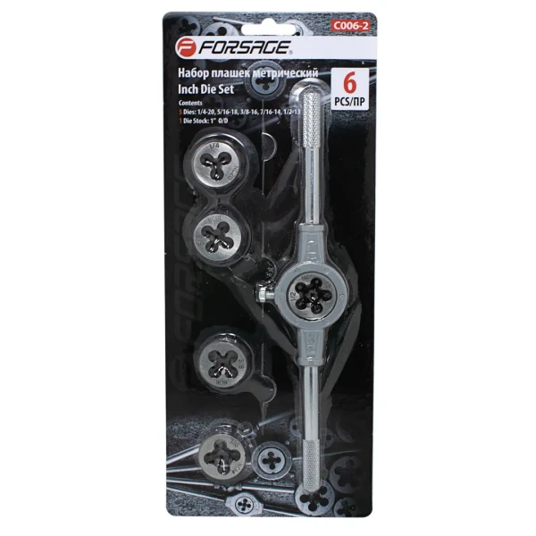 Набор плашек дюймовых 6пр.(1/4-20,5/16-18,3/8-16,7/16-14,1/2-13),в блистере