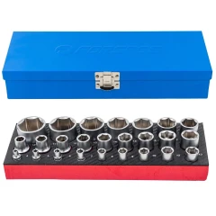 Набор головок 1/4'', 1/2'', 25пр. (6гр.)(1/2'': 10,11,12,13,14,15,16,17,18,19,21,22,24,27,30,32мм. 1/4'': 4,5, 6,7,8,9,10,12,13мм.)в метал.кейсе