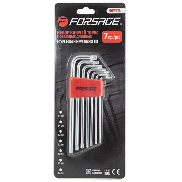 Набор ключей TORX Г-образных длинных с отверстием 7пр.(Т10Н,Т15Н,Т20Н,Т25Н,Т27Н,Т30Н,Т40Н) в пластиковом держателе