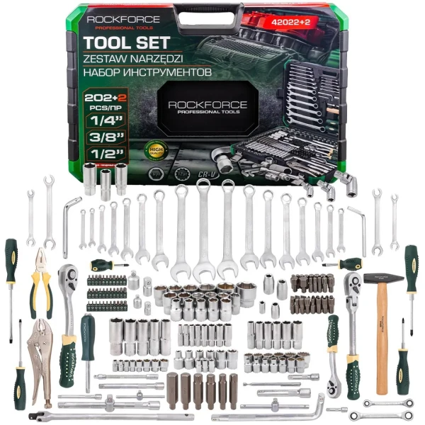 Набор инструментов 202+2пр. 1/4'', 3/8'', 1/2''(6гр.,12гр.)