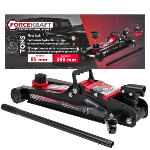 Домкрат подкатной гидравлический низкопрофильный 3т (поворотная ручка 360°,h min 85мм, h max 385мм)
