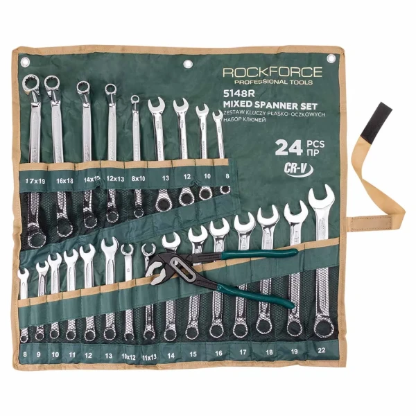 Набор ключей универсальный 24пр,комбинированные 13пр(8-22мм)накидные75гр(8х10-17х19мм)разрезные 2пр(10х12,11х13мм)трещоточные 4 пр(8-13мм) на полотне