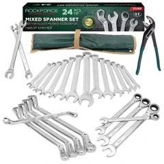 Набор ключей универсальный 24пр,комбинированные 13пр(8-22мм)накидные75гр(8х10-17х19мм)разрезные 2пр(10х12,11х13мм)трещоточные 4 пр(8-13мм) на полотне