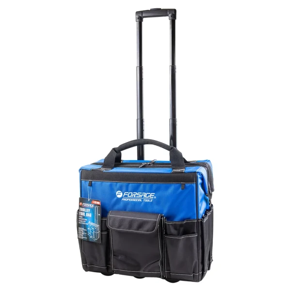 Сумка для инструмента на колесиках с телескопической рукояткой (18 карманов, 460х410х295мм в слож.виде, max длина рукоятки 685мм)
