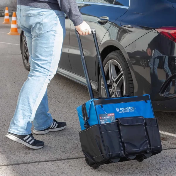 Сумка для инструмента на колесиках с телескопической рукояткой (18 карманов, 460х410х295мм в слож.виде, max длина рукоятки 685мм)