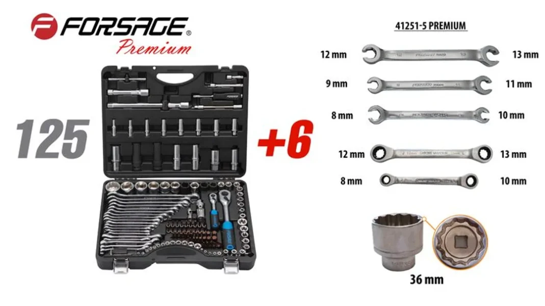 Набор инструментов 125+6пр.1/4''1/2''(6-гран.)(4-36мм,36-12гр.)+(ключи трещоточные:8х10,12х13мм, ключи резрезные:8х10,9х11,12х13мм)