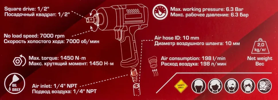 Пневмогайковерт ударный ''Twin Hammer''с реверсом и регулировкой усилия в облегченном корпусе 1/2''(1450Hм, 7000 об/мин,6.3bar,198 л/мин,вес 2кг)