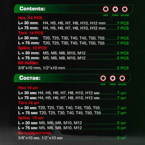 Набор бит с битодержателями ''Premium'', 40пр. (10мм)(75/30мм: T20-T55,H4-H12,M5-M12) в пластиковом кейсе