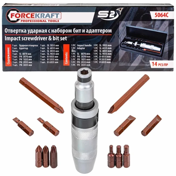 Отвертка ударная с набором бит и адаптером,14пр.1/2''(F)х5/16''(F) (PH1,2,3х35мм, PH3х70мм, SL5,6,8,9х35мм, SL8х70мм, H4,5,6х35мм),в метал. кейсе