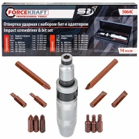 Отвертка ударная с набором бит и адаптером,14пр.1/2''(F)х5/16''(F) (PH1,2,3х35мм, PH3х70мм, SL5,6,8,9х35мм, SL8х70мм, H4,5,6х35мм),в метал. кейсе