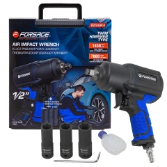 Пневмогайковерт ударный''Twin Hammer''с регулировкой усилия в облегченном корпусе 1/2''+набор головок(17,19,21мм,1450Hм,7000об/мин,6.3bar,198л/мин,вес2кг