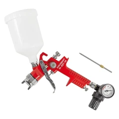Краскораспылитель с верхним пластиковым бачком,регулятором давления и доп.-ой дюзой (600мл,1.4/1.7мм,2.0-4.0Bar,факел 180-250мм,400л/мин),в блистере