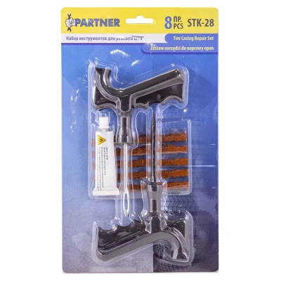 Набор инструментов для ремонта шин 8пр.(шило,протяжка-''мелкая спираль'',шнуры-5шт,клей), в блистере