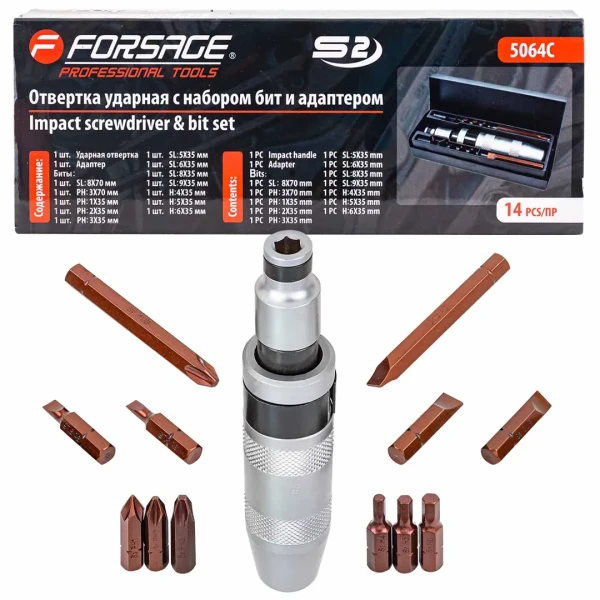 Отвертка ударная с набором бит и адаптером,14пр.1/2''(F)х5/16''(F) (PH1,2,3х35мм, PH3х70мм, SL5,6,8,9х35мм, SL8х70мм, H4,5,6х35мм),в метал. кейсе