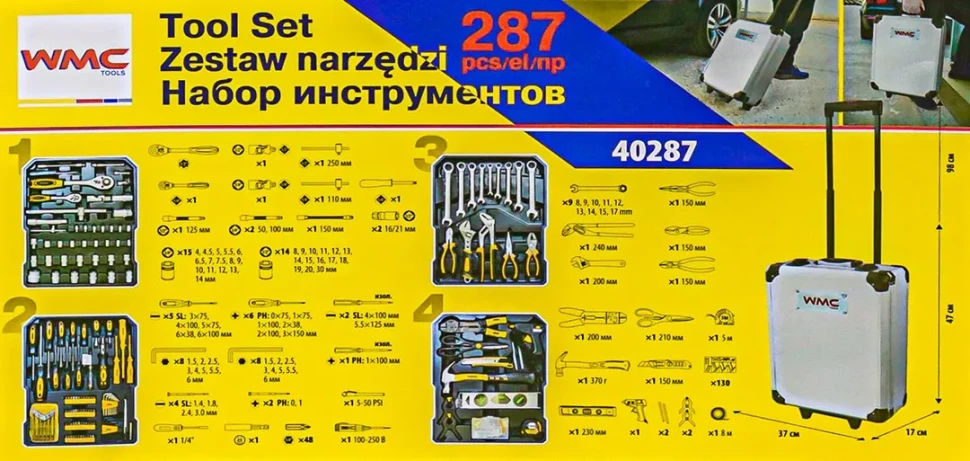Набор инструментов 287пр. 1/4'',1/2''(6гр.)(4-30мм), в алюминиевом кейсе