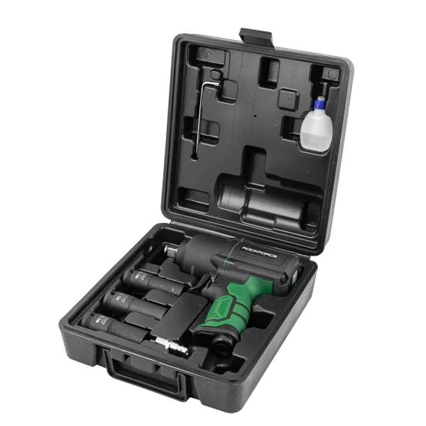 Пневмогайковерт ударный''Twin Hammer''с регулировкой усилия в облегченном корпусе 1/2''+набор головок(17,19,21мм,1450Hм,7000об/мин,6.3bar,198л/мин,вес2кг