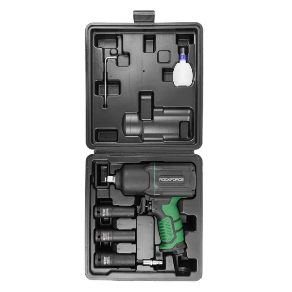 Пневмогайковерт ударный''Twin Hammer''с регулировкой усилия в облегченном корпусе 1/2''+набор головок(17,19,21мм,1450Hм,7000об/мин,6.3bar,198л/мин,вес2кг