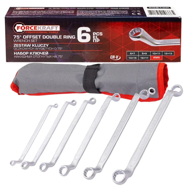 Ключи накидные, отогнутые на 75град., набор 6пр. (6х7, 8х9, 10х11, 12х13, 14х15, 16х17мм)