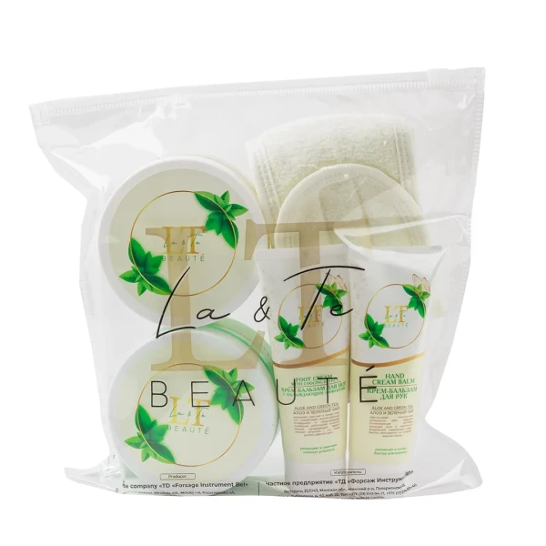 Набор Алоэ и зеленый чай(крем бальзам для рук.гель-скраб для тела.крем для тела.крем для ног,повязка на липучке,пакет 250*250)