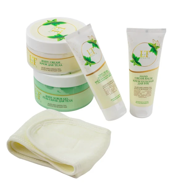 Набор Алоэ и зеленый чай(крем бальзам для рук.гель-скраб для тела.крем для тела.крем для ног,повязка на липучке,пакет 250*250)