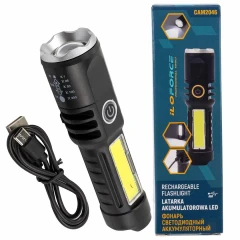 Фонарь ручной аккумуляторный с регулировкой фокуса луча (4 режима работы, аккум. 400мАч, свет.поток 100Лм, время раб. 2-3ч, время зар. 1-2ч, IPX5)