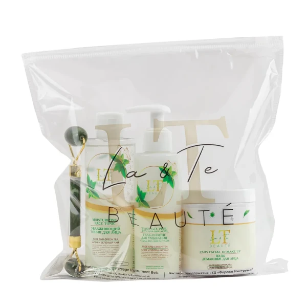 Набор Алоэ и зеленый чай(массажный ролик( зеленый).ПЭДЫ.тоник для лица.гель-пилинг для умывания с AHA-BHA кислотами,пакет250*250)