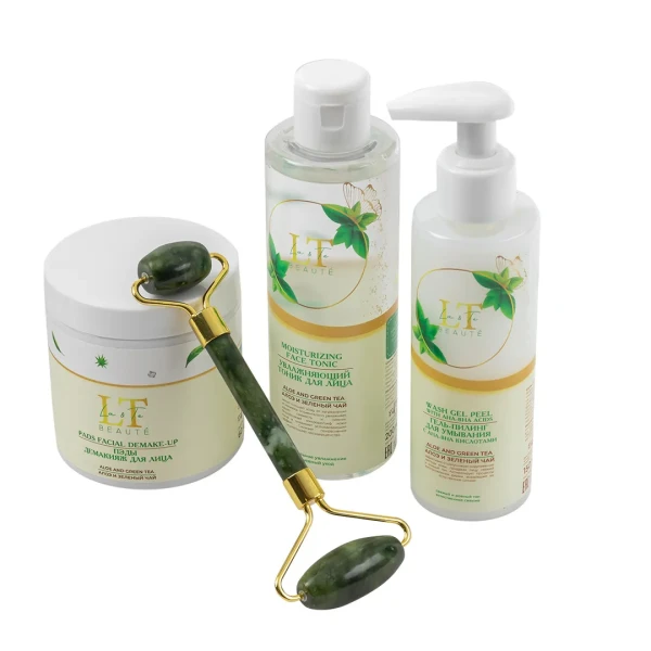 Набор Алоэ и зеленый чай(массажный ролик( зеленый).ПЭДЫ.тоник для лица.гель-пилинг для умывания с AHA-BHA кислотами,пакет250*250)