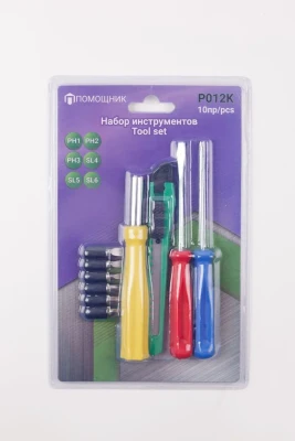 Набор инструментов 10 пр.(биты:PH1,2,3 SL 4,5,6мм, отвертка-битодержатель 120мм, отвертки: PH1х75мм,SL 4х72мм,нож канцелярский),в блистере